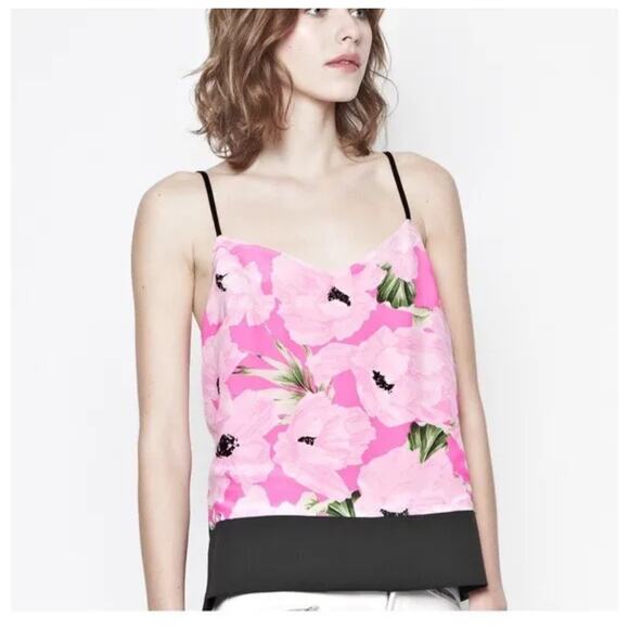 French Connection Pink Floral V Neck Camisole Tank Black Trim Size Medium - Picture 9 of 9